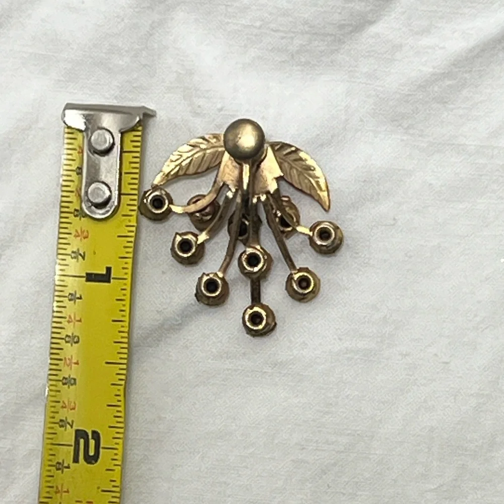 Vintage • Gold Tone Leaf • Garnet Rhinestone • Screw Back Earrings